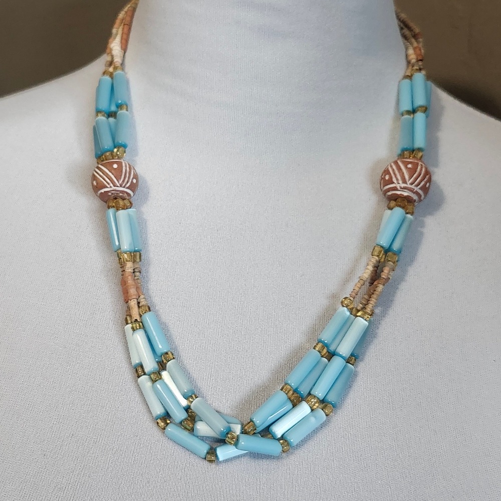 Boho Satin Look Beaded Necklace Blue Cylinder Beads Brown Round‎ Accent Vintage